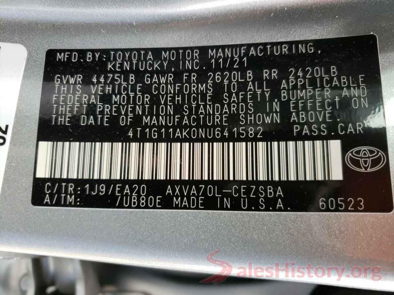 4T1G11AK0NU641582 2022 TOYOTA CAMRY