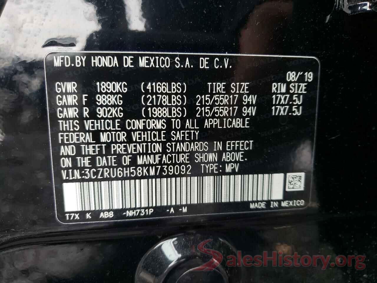 3CZRU6H58KM739092 2019 HONDA HR-V