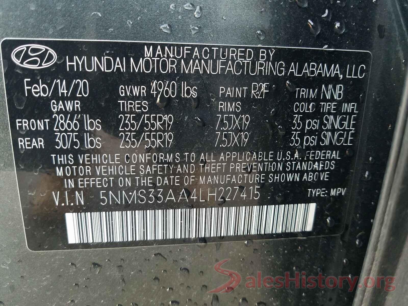 5NMS33AA4LH227415 2020 HYUNDAI SANTA FE