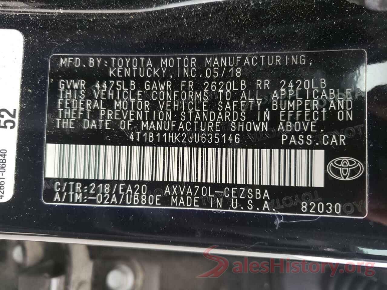 4T1B11HK2JU635146 2018 TOYOTA CAMRY