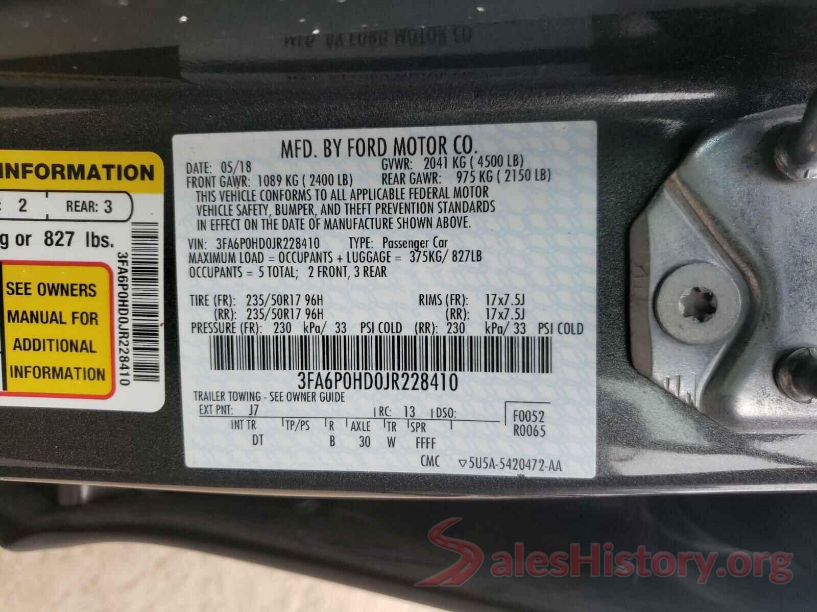 3FA6P0HD0JR228410 2018 FORD FUSION