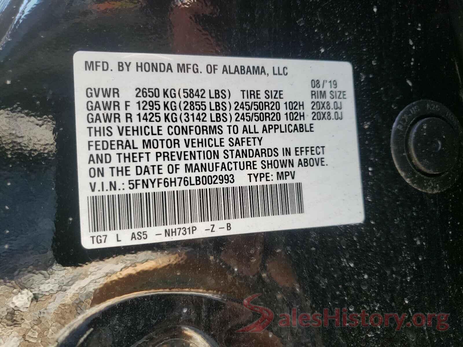 5FNYF6H76LB002993 2020 HONDA PILOT