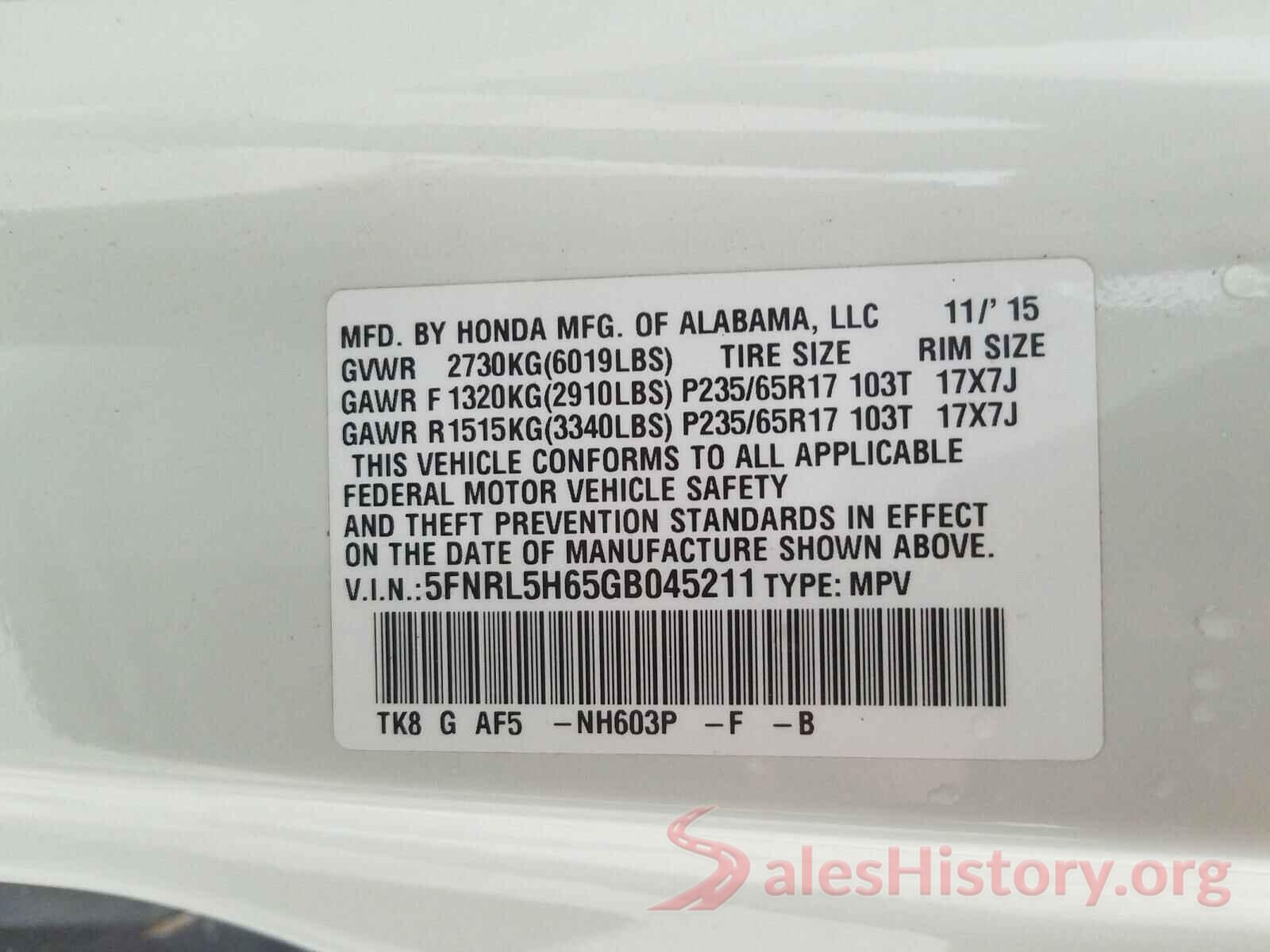 5FNRL5H65GB045211 2016 HONDA ODYSSEY