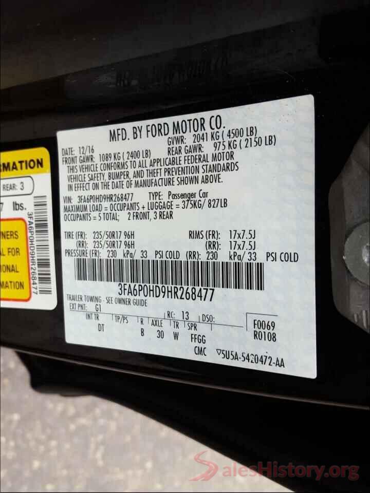 3FA6P0HD9HR268477 2017 FORD FUSION