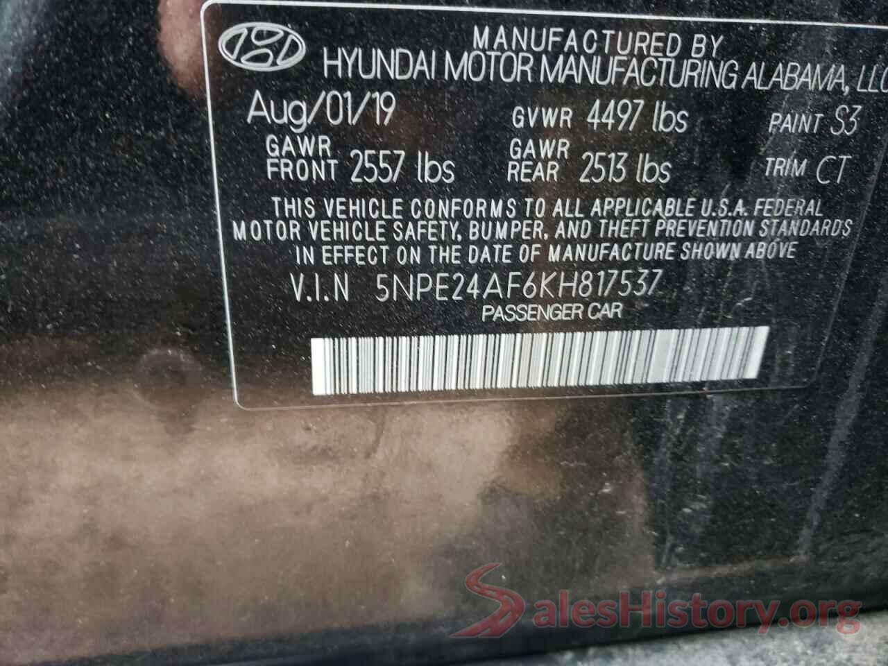 5NPE24AF6KH817537 2019 HYUNDAI SONATA