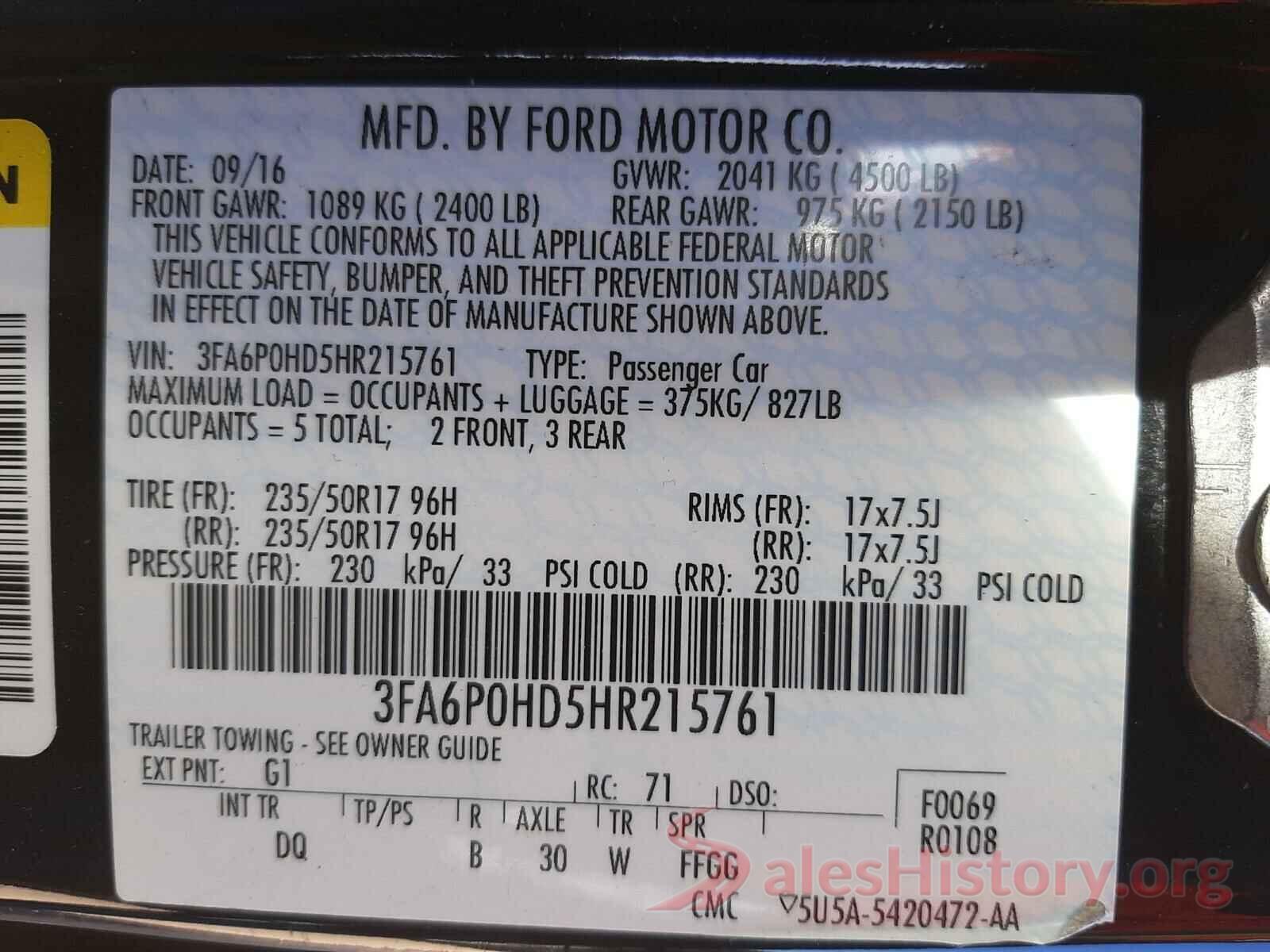 3FA6P0HD5HR215761 2017 FORD FUSION