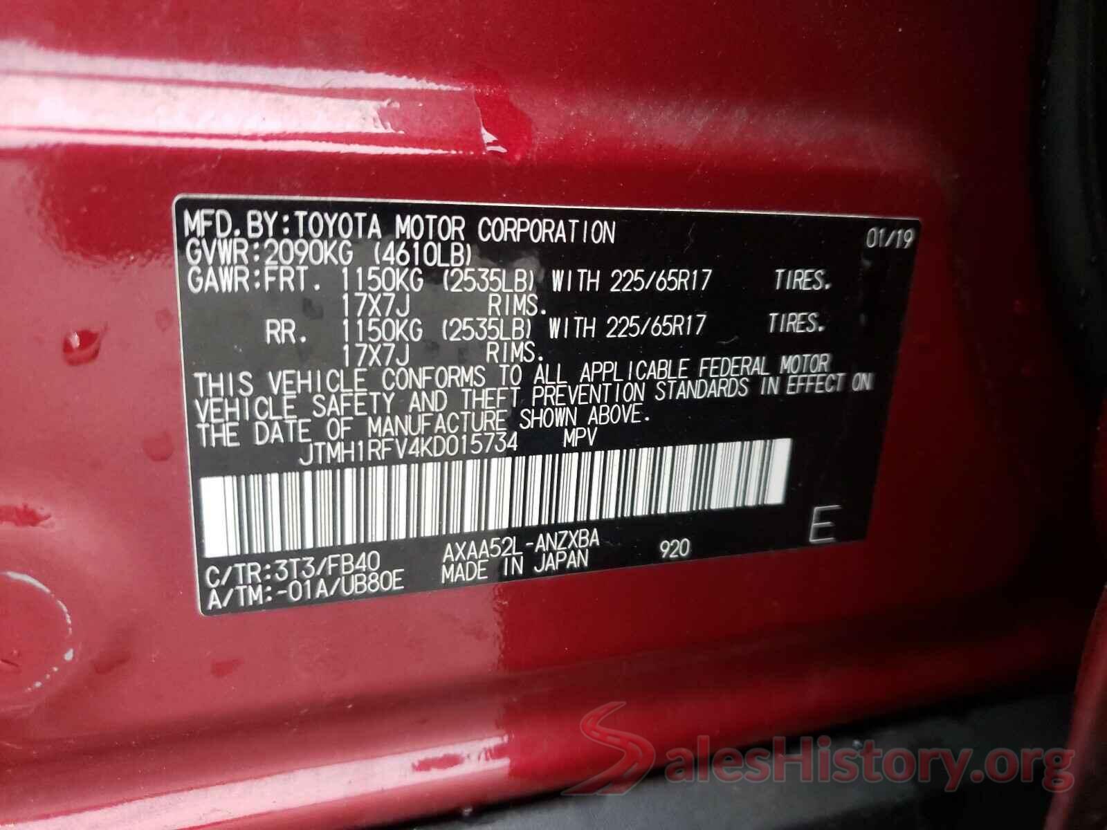 JTMH1RFV4KD015734 2019 TOYOTA RAV4