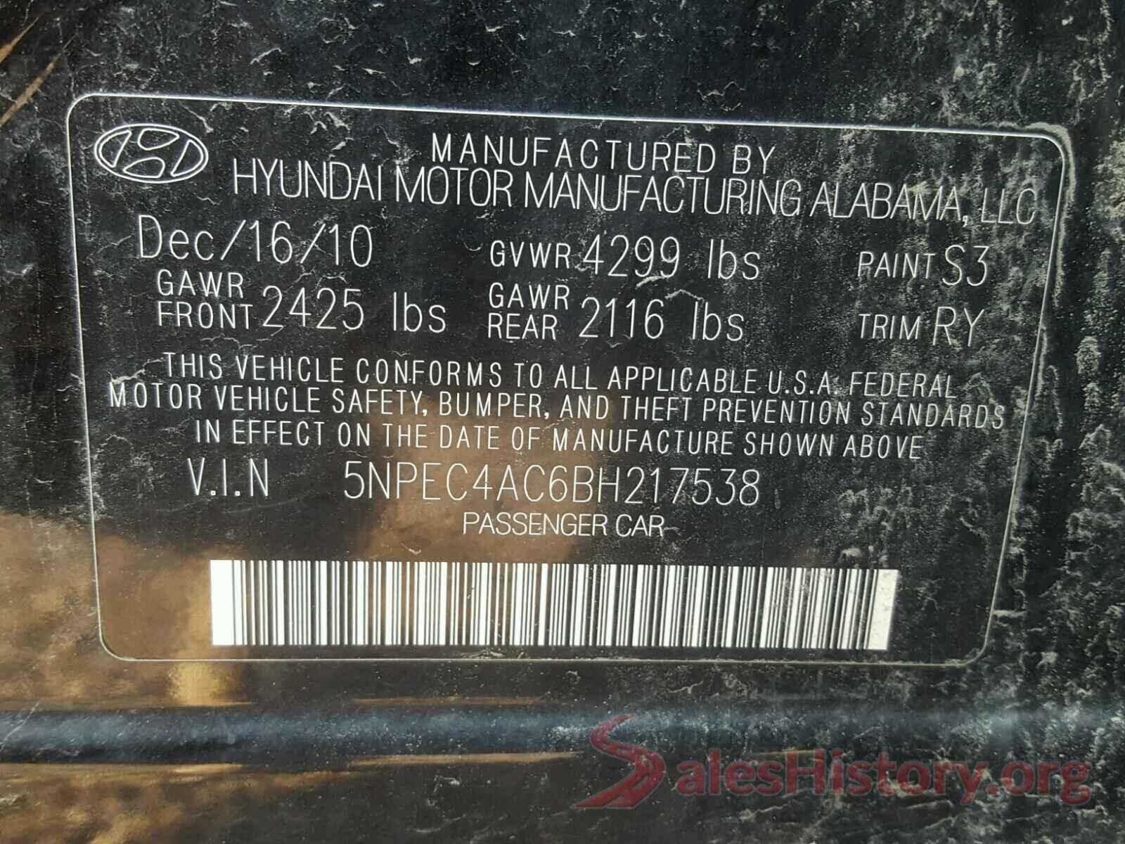 5NPEC4AC6BH217538 2011 HYUNDAI SONATA