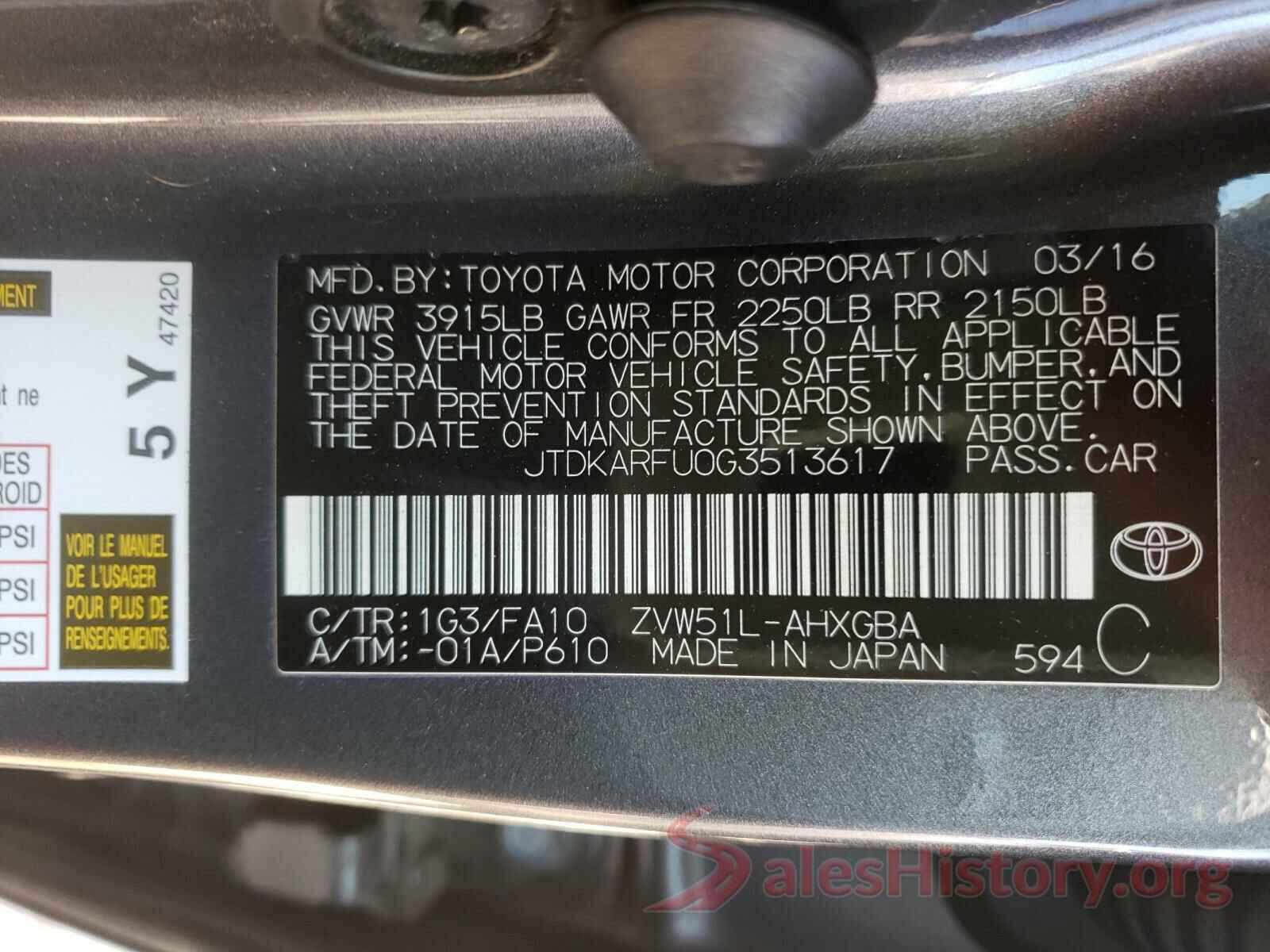 JTDKARFU0G3513617 2016 TOYOTA PRIUS