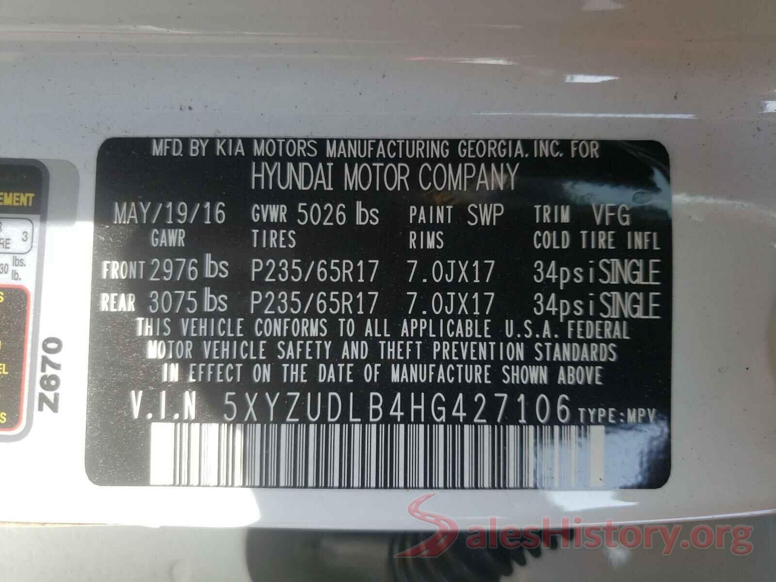 5XYZUDLB4HG427106 2017 HYUNDAI SANTA FE