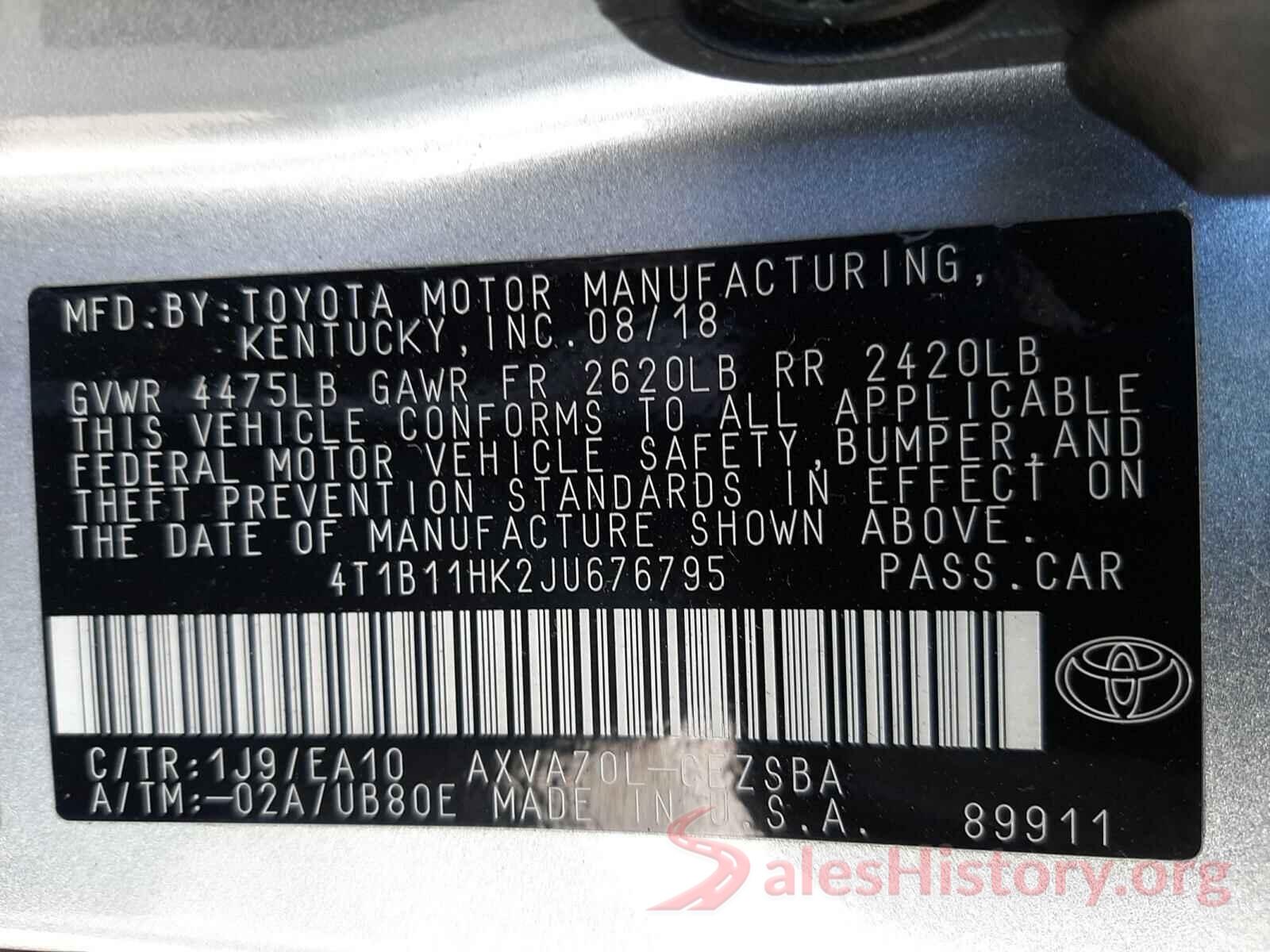 4T1B11HK2JU676795 2018 TOYOTA CAMRY