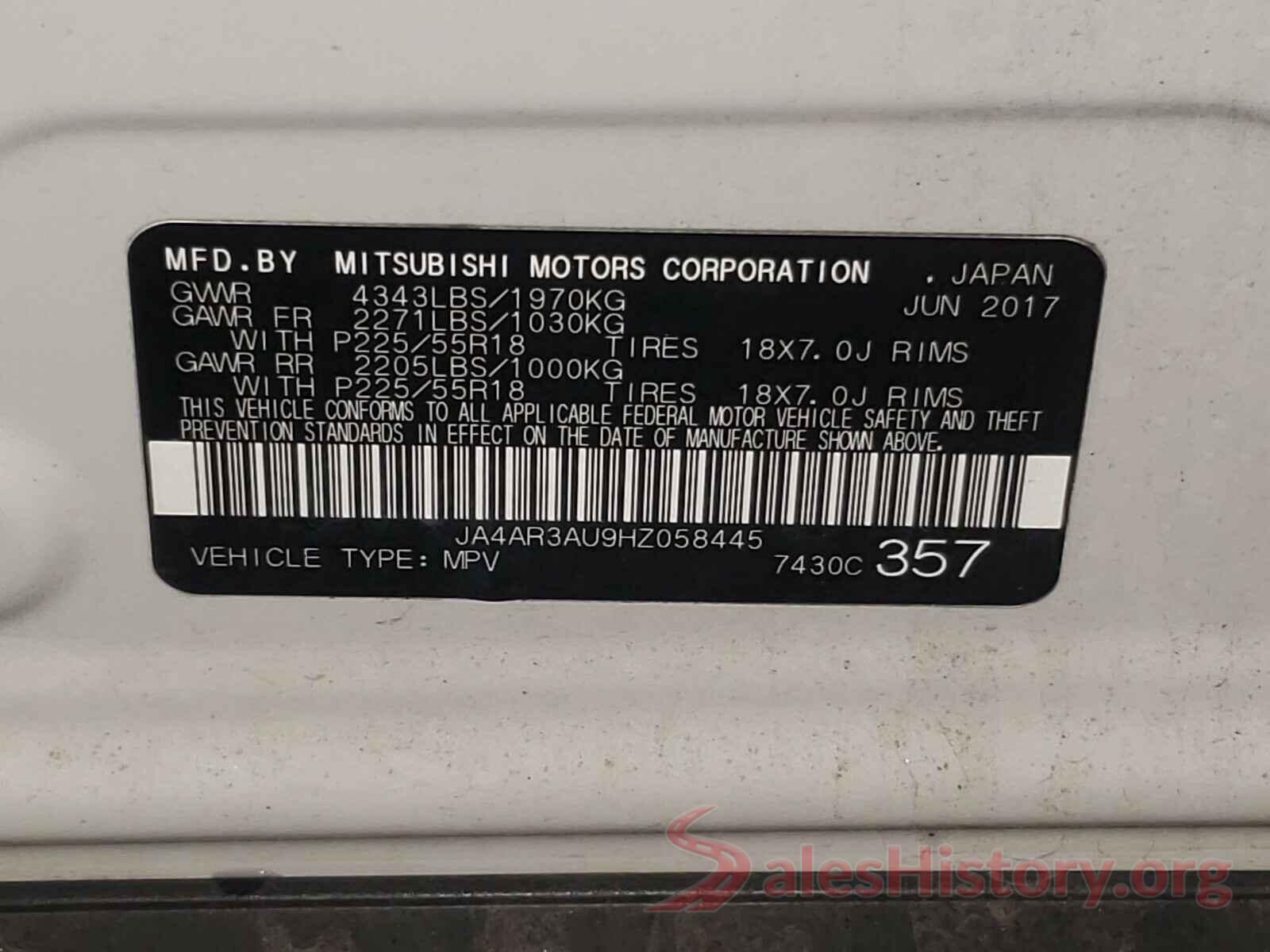 JA4AR3AU9HZ058445 2017 MITSUBISHI OUTLANDER