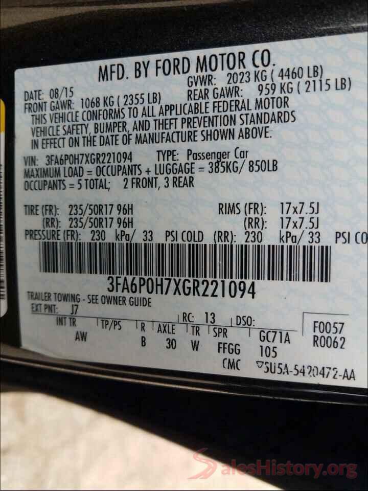 3FA6P0H7XGR221094 2016 FORD FUSION