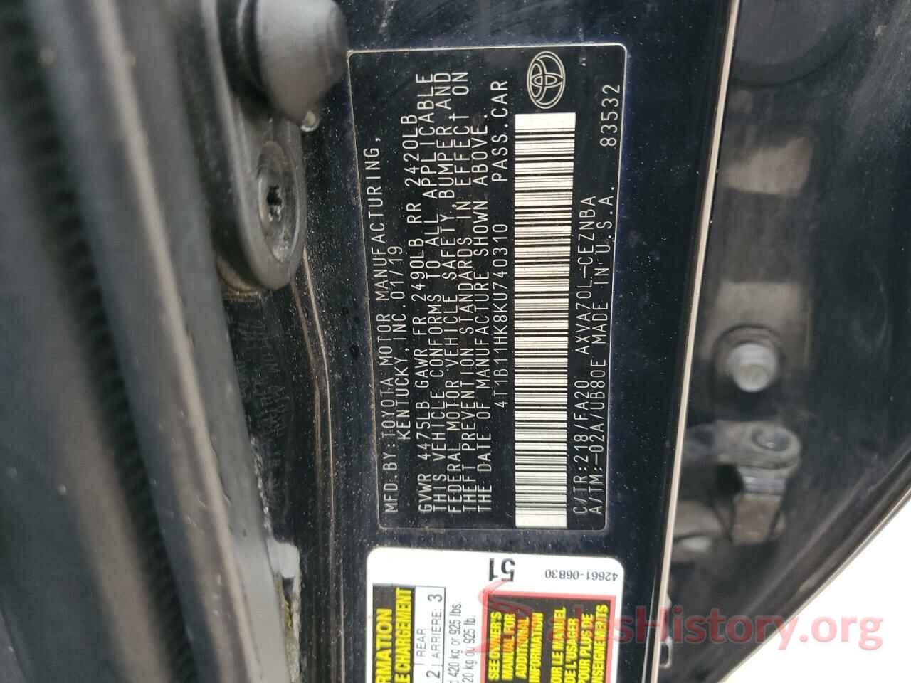 4T1B11HK8KU740310 2019 TOYOTA CAMRY