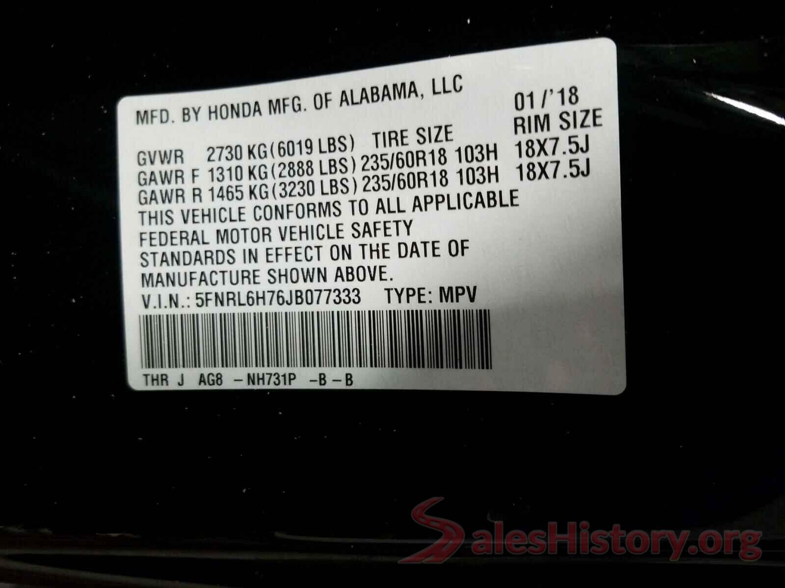 5FNRL6H76JB077333 2018 HONDA ODYSSEY