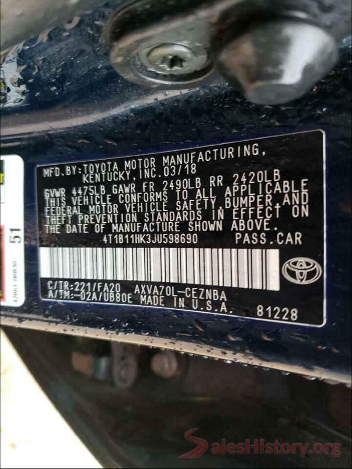 4T1B11HK3JU598690 2018 TOYOTA CAMRY