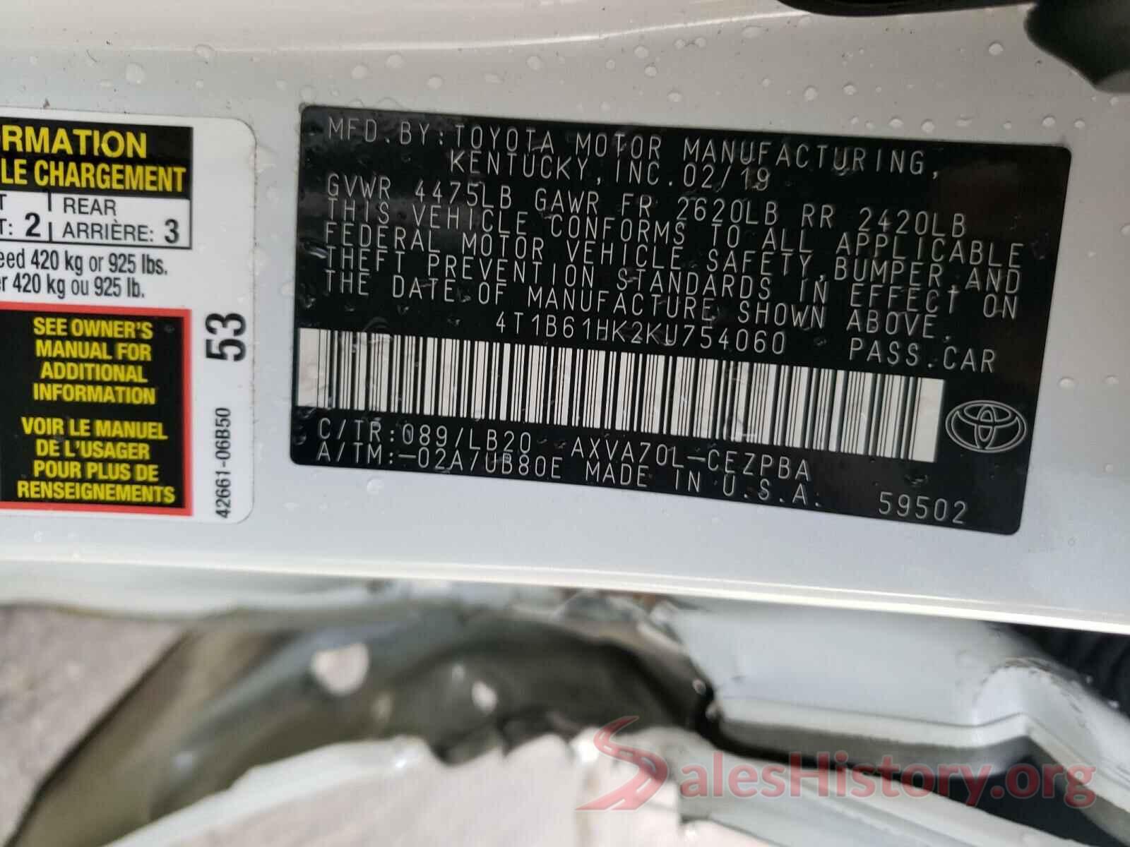 4T1B61HK2KU754060 2019 TOYOTA CAMRY