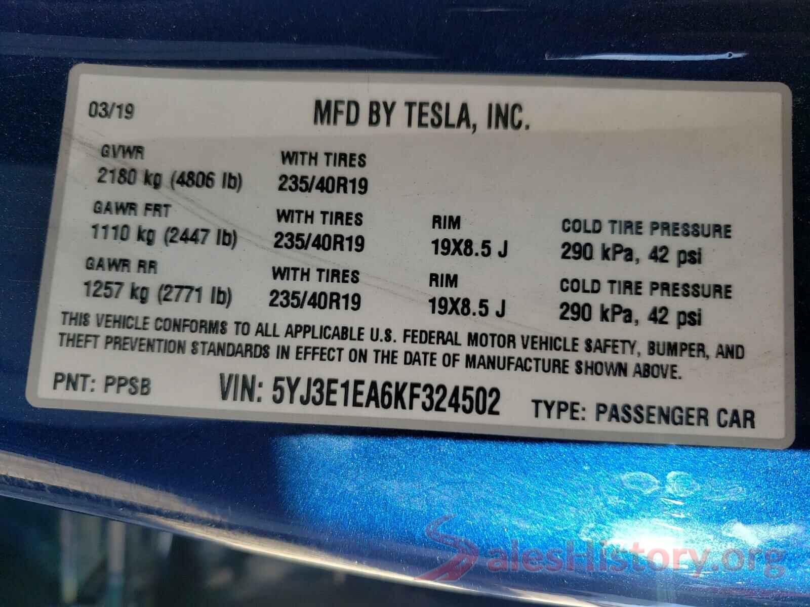 5YJ3E1EA6KF324502 2019 TESLA MODEL 3