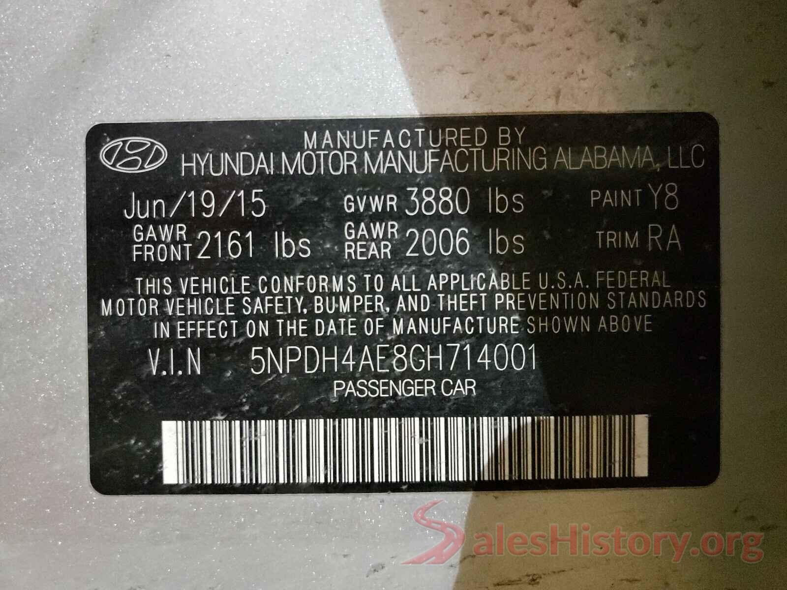 5NPDH4AE8GH714001 2016 HYUNDAI ELANTRA