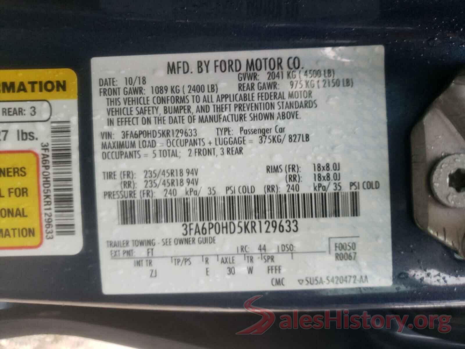 3FA6P0HD5KR129633 2019 FORD FUSION