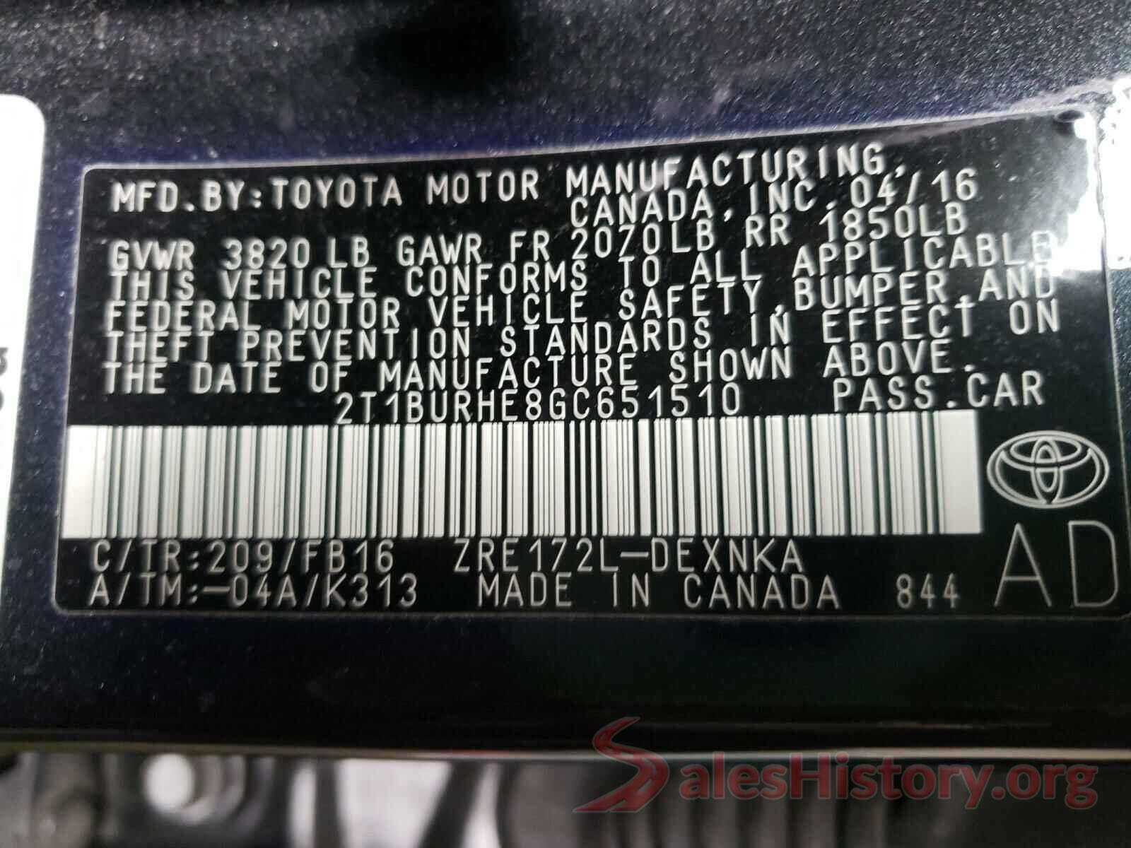 2T1BURHE8GC651510 2016 TOYOTA COROLLA