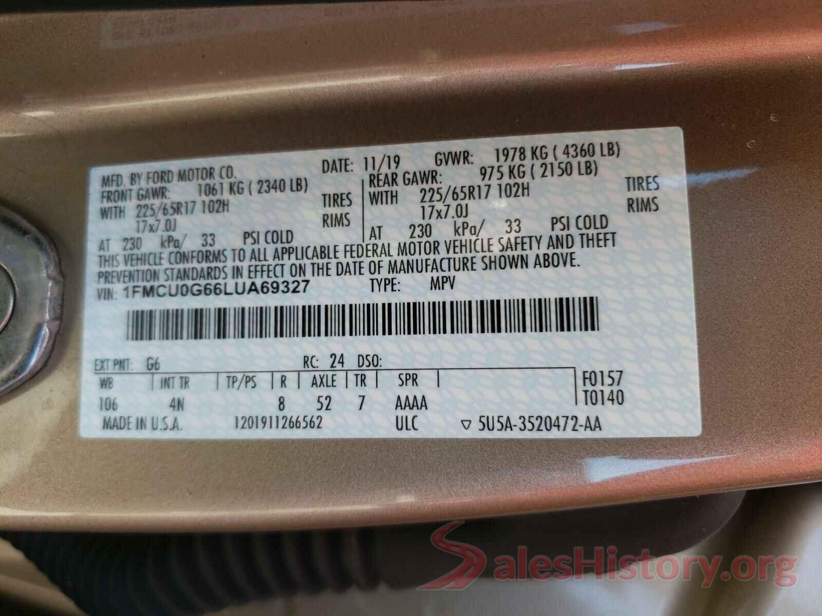 1FMCU0G66LUA69327 2020 FORD ESCAPE