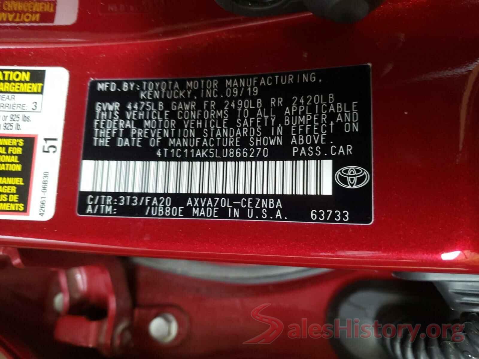 4T1C11AK5LU866270 2020 TOYOTA CAMRY