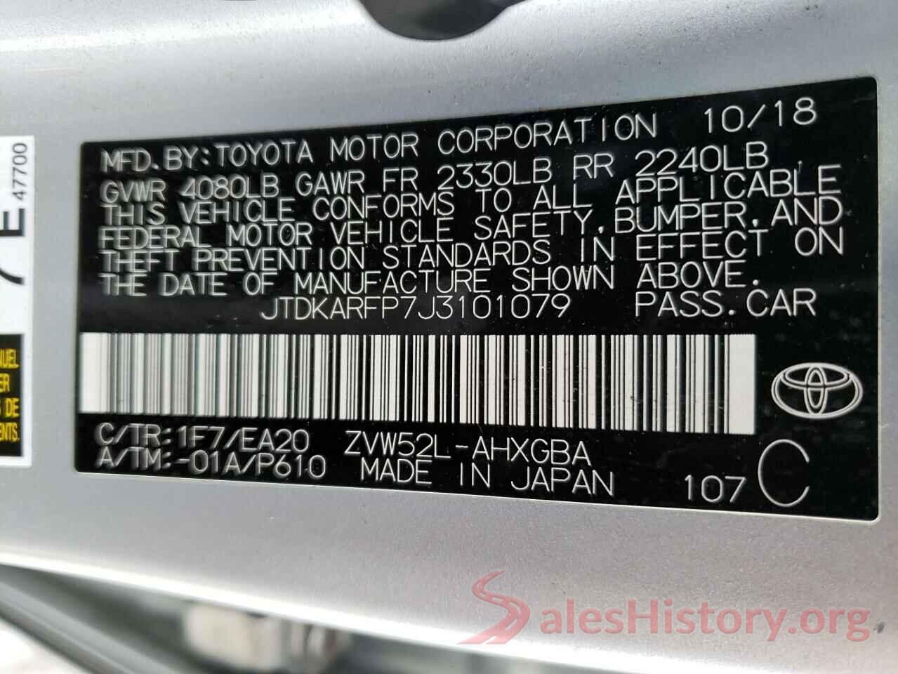 JTDKARFP7J3101079 2018 TOYOTA PRIUS