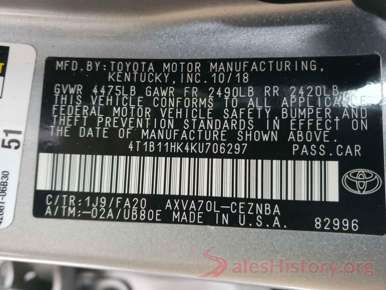 4T1B11HK4KU706297 2019 TOYOTA CAMRY