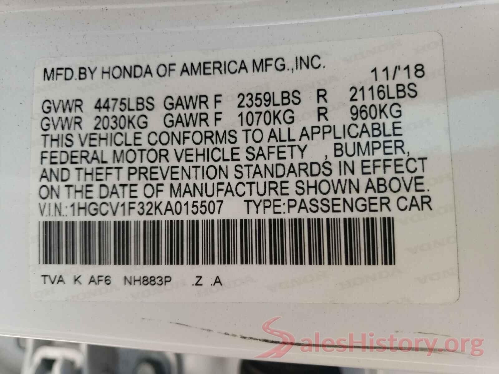 1HGCV1F32KA015507 2019 HONDA ACCORD