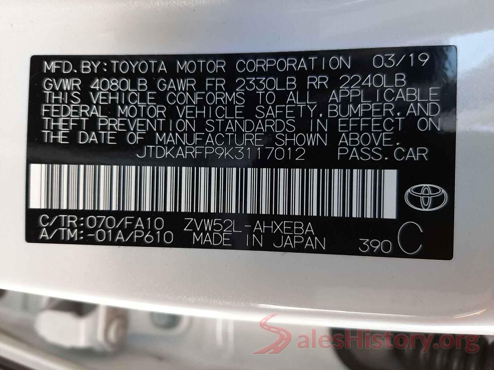 JTDKARFP9K3117012 2019 TOYOTA PRIUS