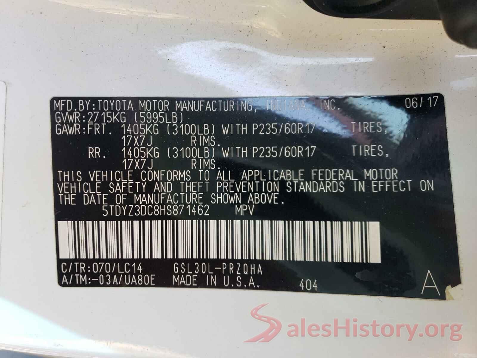 5TDYZ3DC8HS871462 2017 TOYOTA SIENNA