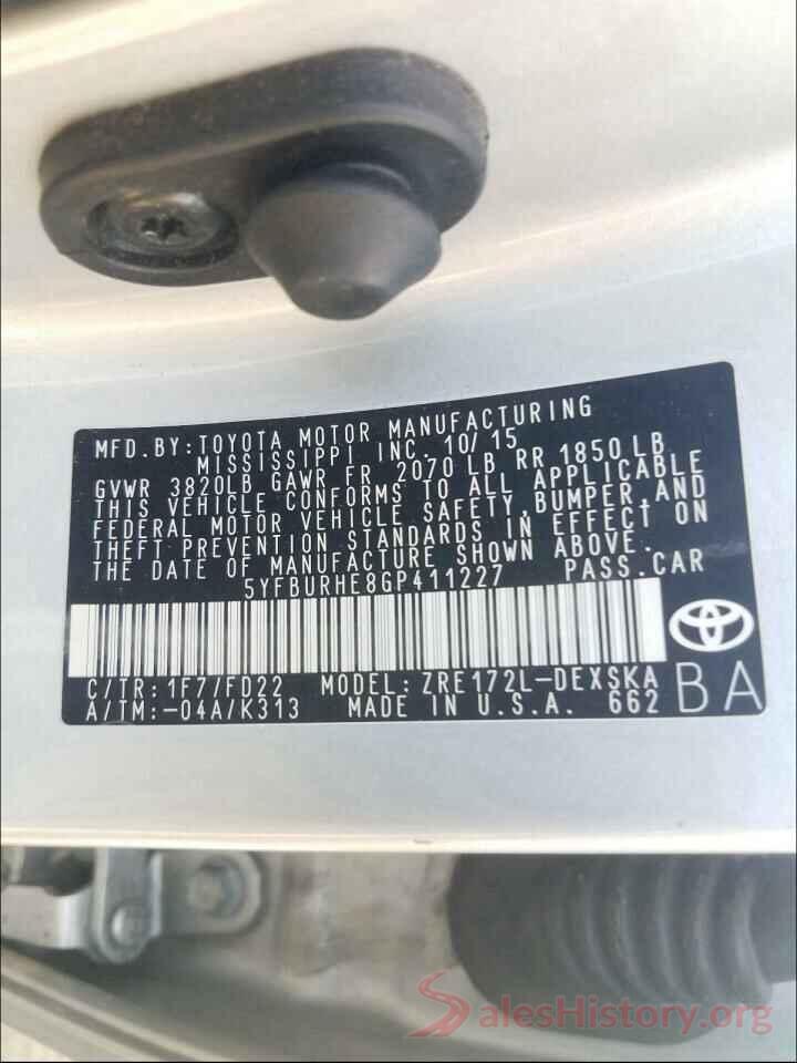 5YFBURHE8GP411227 2016 TOYOTA COROLLA