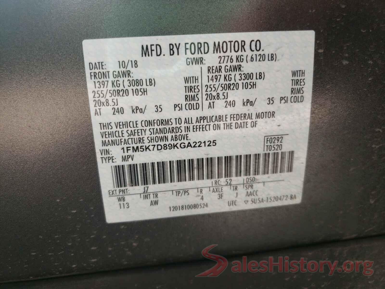 1FM5K7D89KGA22125 2019 FORD EXPLORER