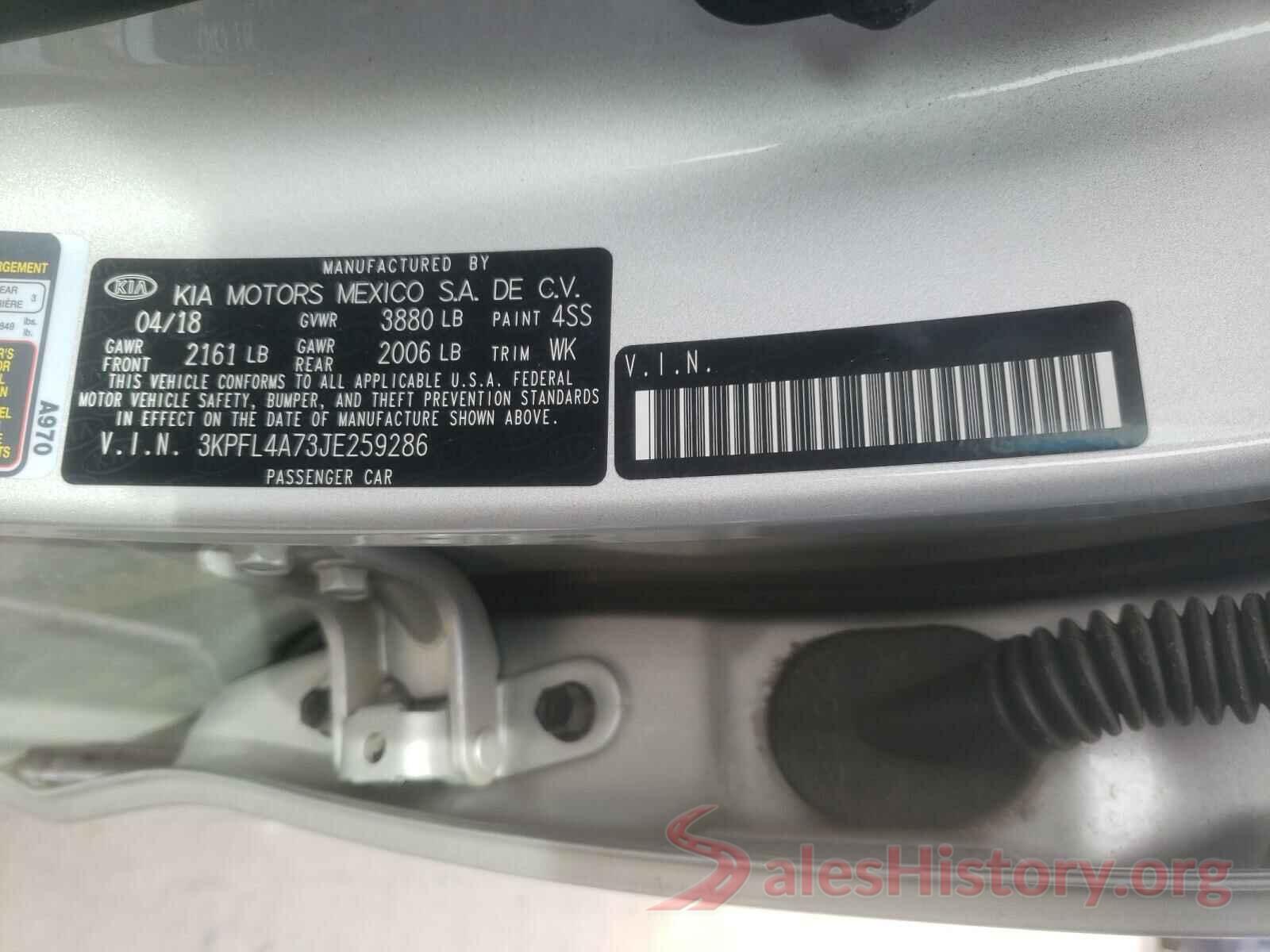 3KPFL4A73JE259286 2018 KIA FORTE