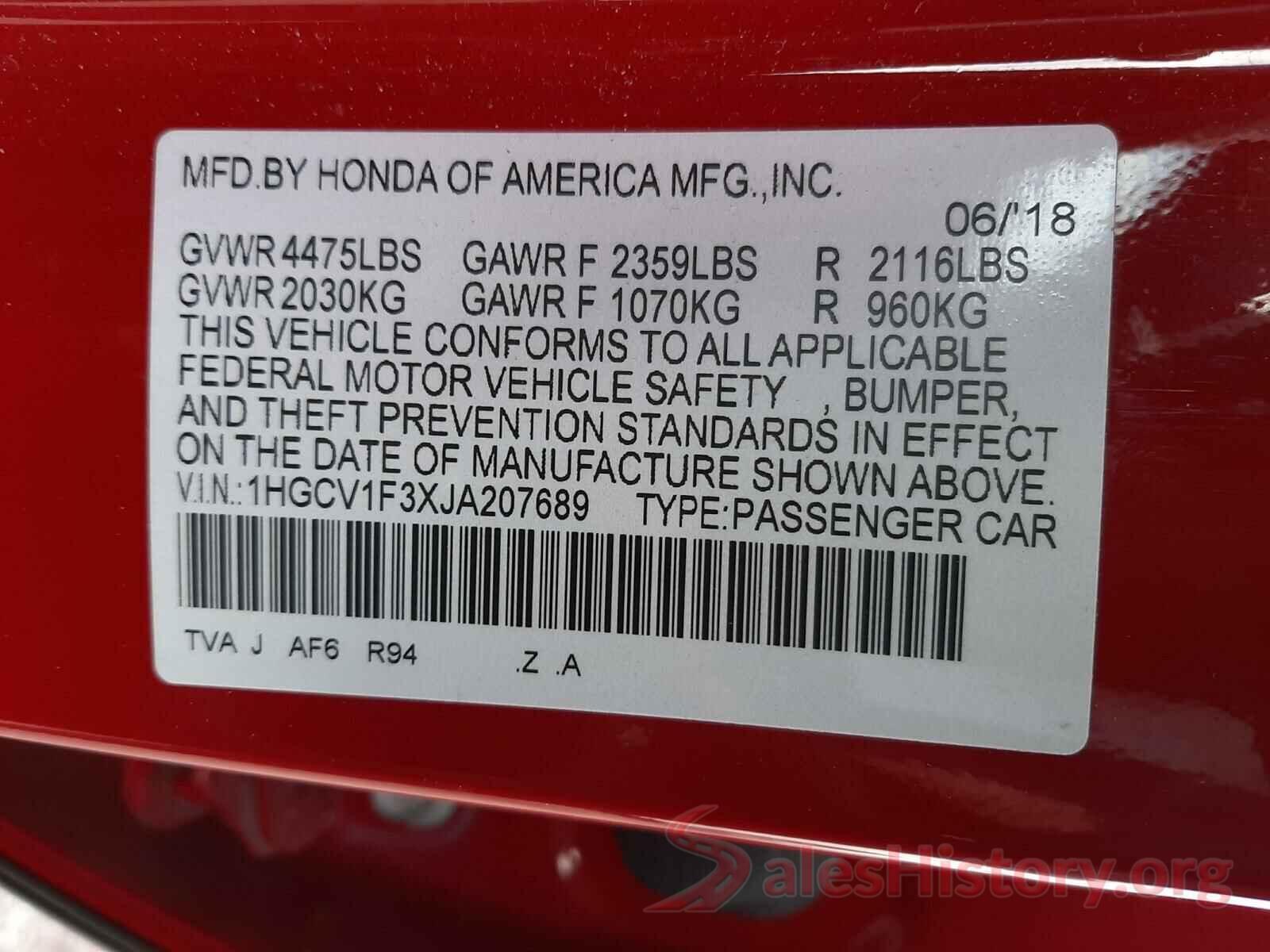 1HGCV1F3XJA207689 2018 HONDA ACCORD