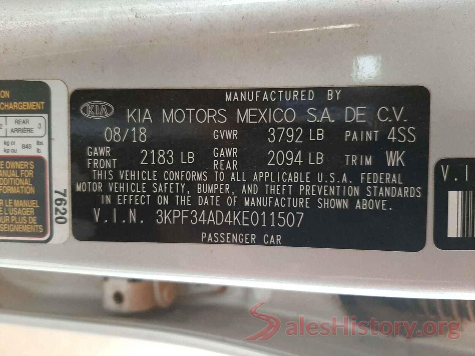 3KPF34AD4KE011507 2019 KIA FORTE