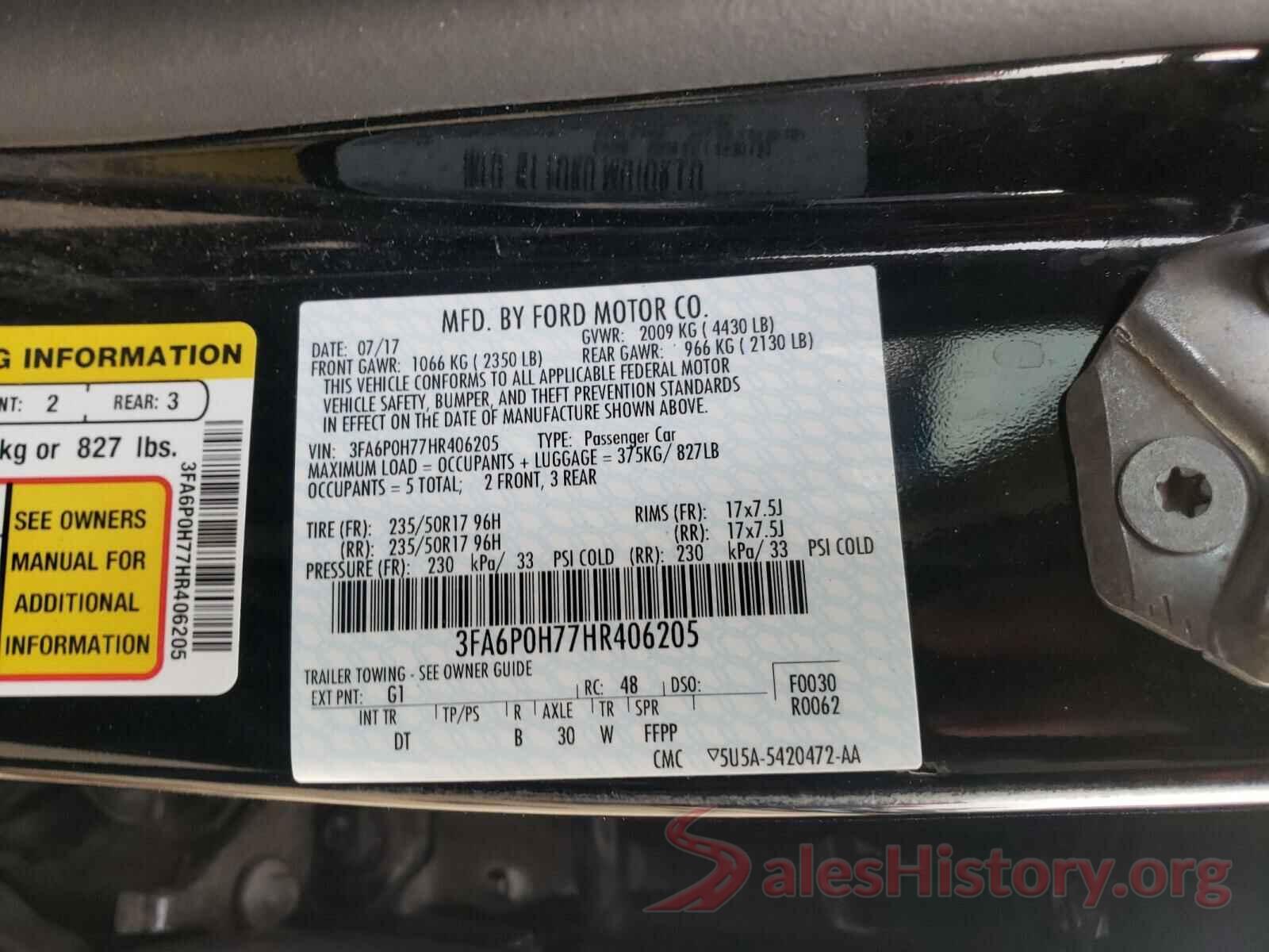 3FA6P0H77HR406205 2017 FORD FUSION