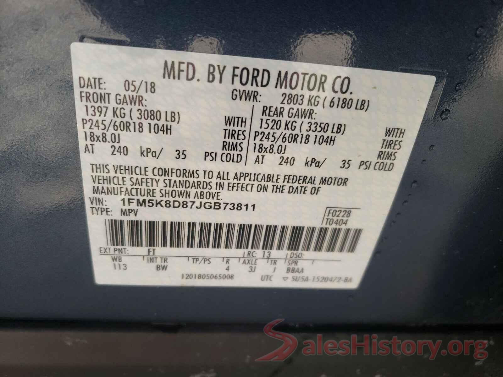 1FM5K8D87JGB73811 2018 FORD EXPLORER