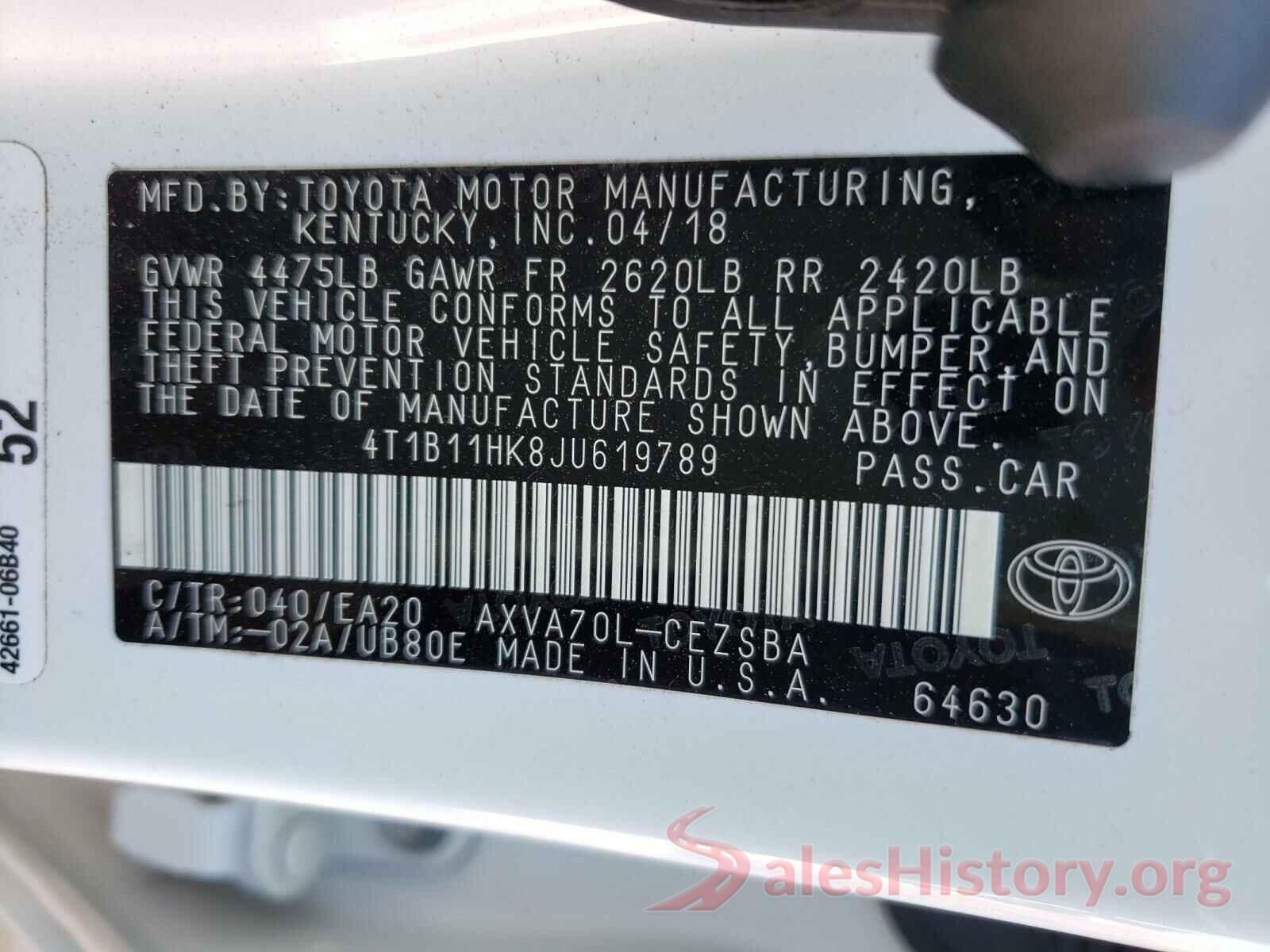 4T1B11HK8JU619789 2018 TOYOTA CAMRY