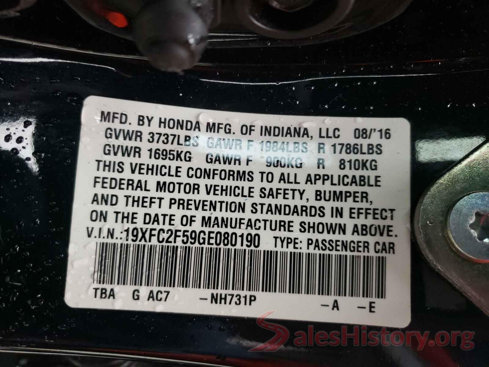 19XFC2F59GE080190 2016 HONDA CIVIC