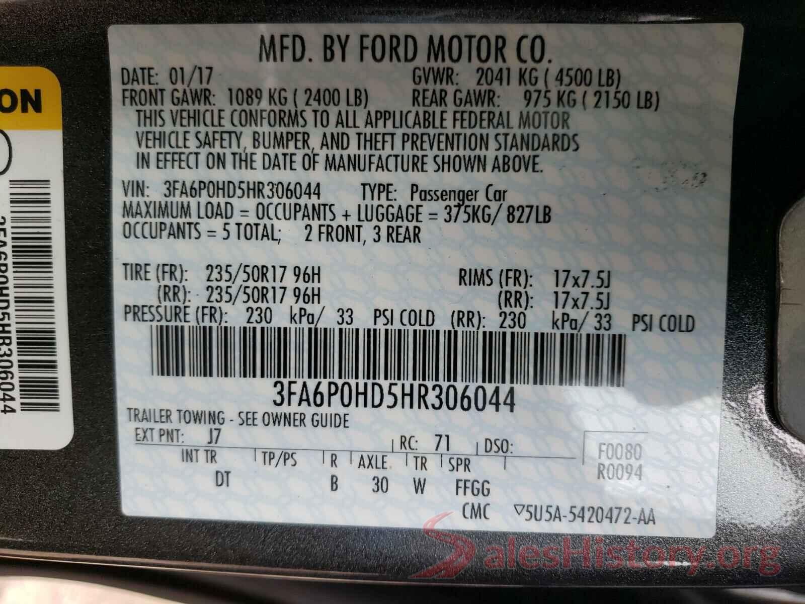 3FA6P0HD5HR306044 2017 FORD FUSION