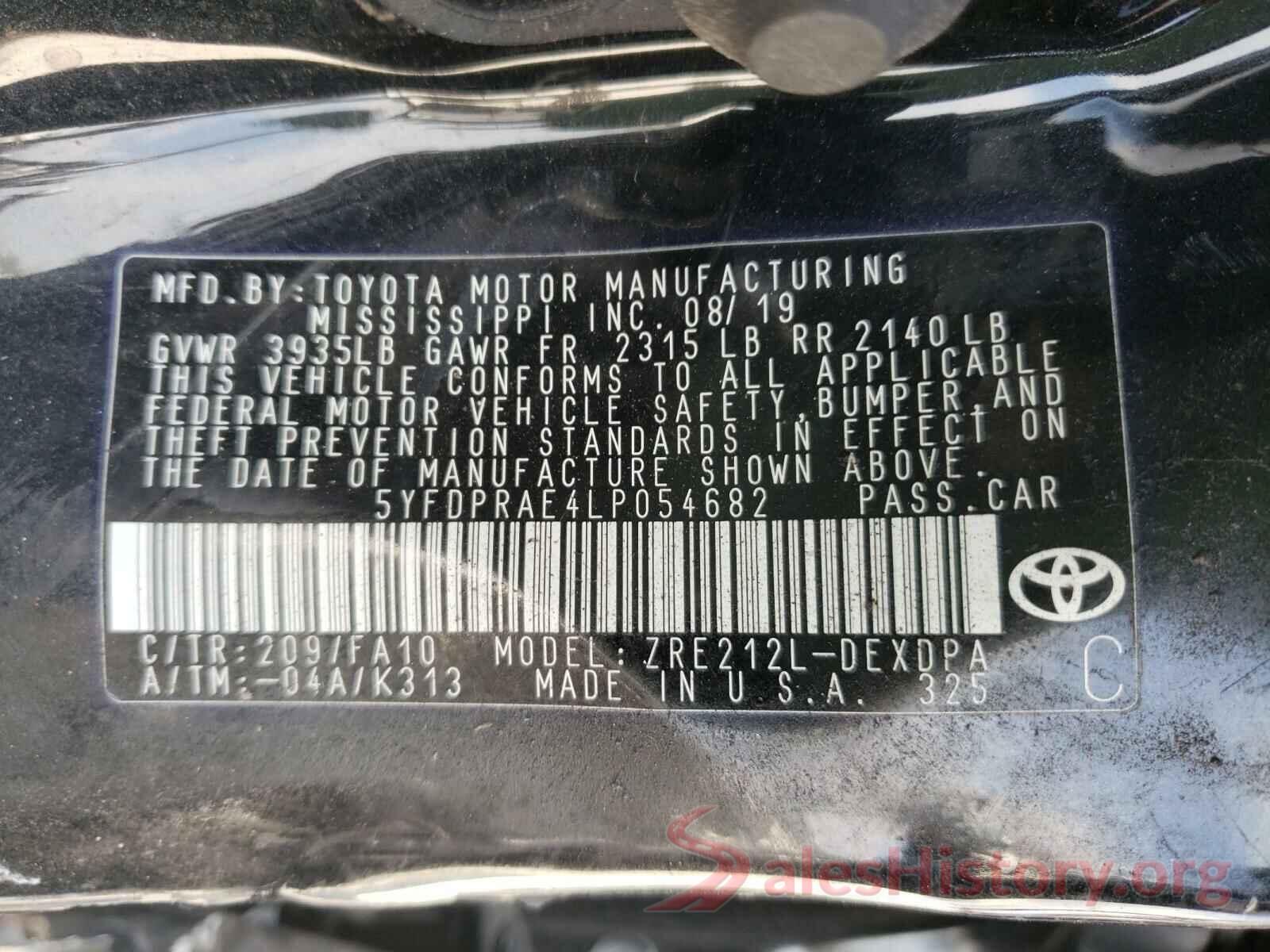 5YFDPRAE4LP054682 2020 TOYOTA COROLLA