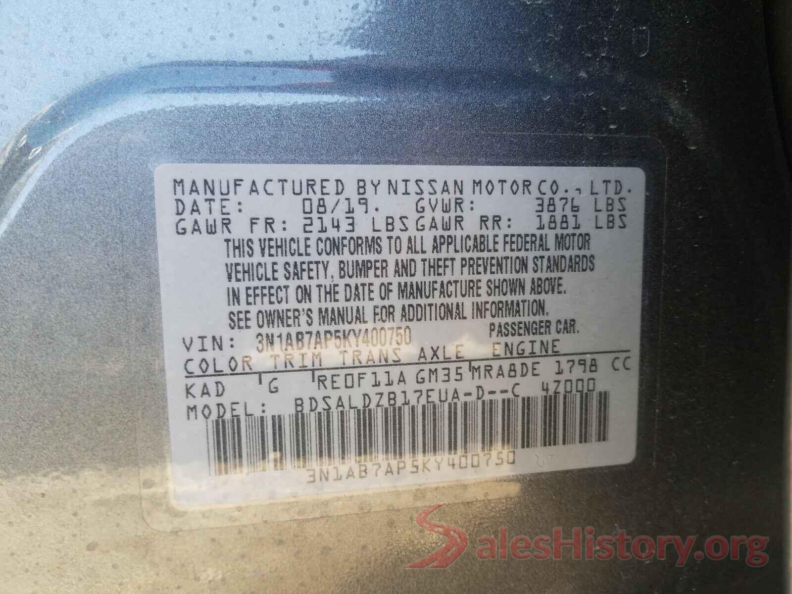 3N1AB7AP5KY400750 2019 NISSAN SENTRA