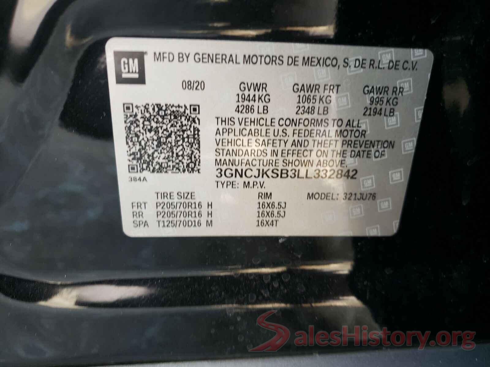 3GNCJKSB3LL332842 2020 CHEVROLET TRAX