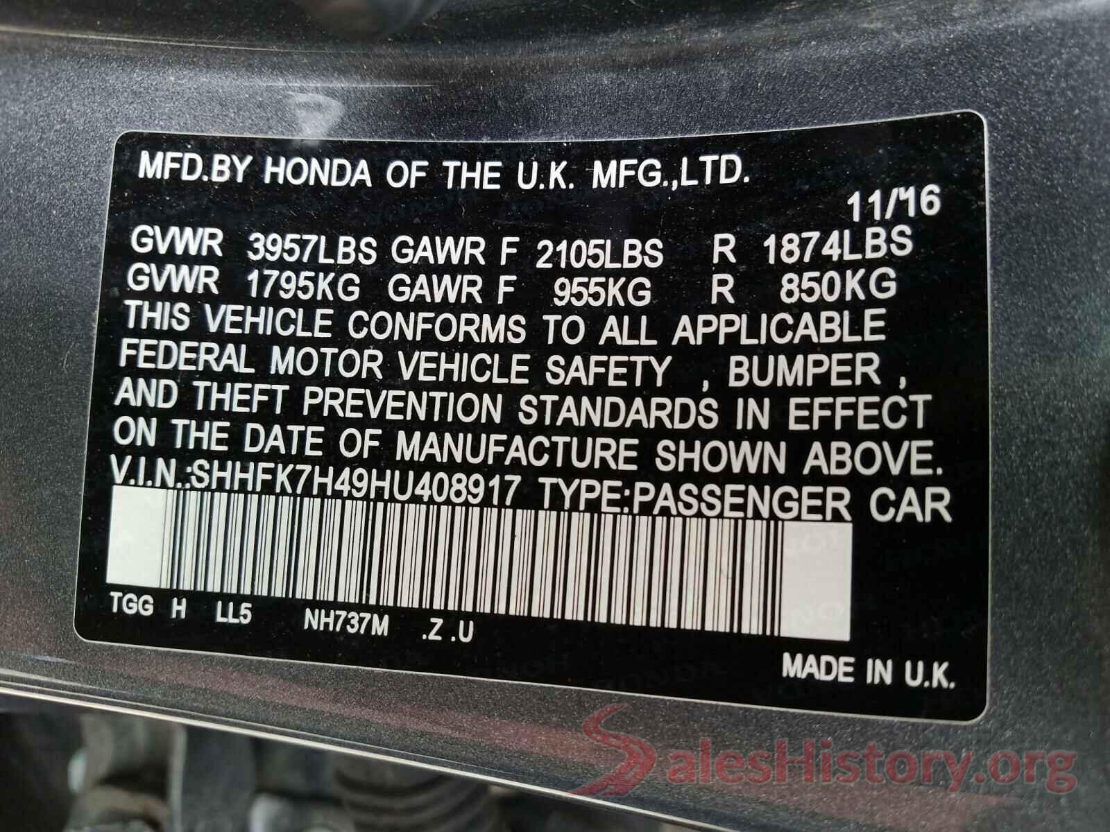 SHHFK7H49HU408917 2017 HONDA CIVIC