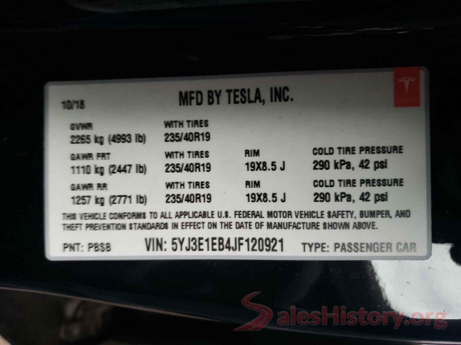 5YJ3E1EB4JF120921 2018 TESLA MODEL 3