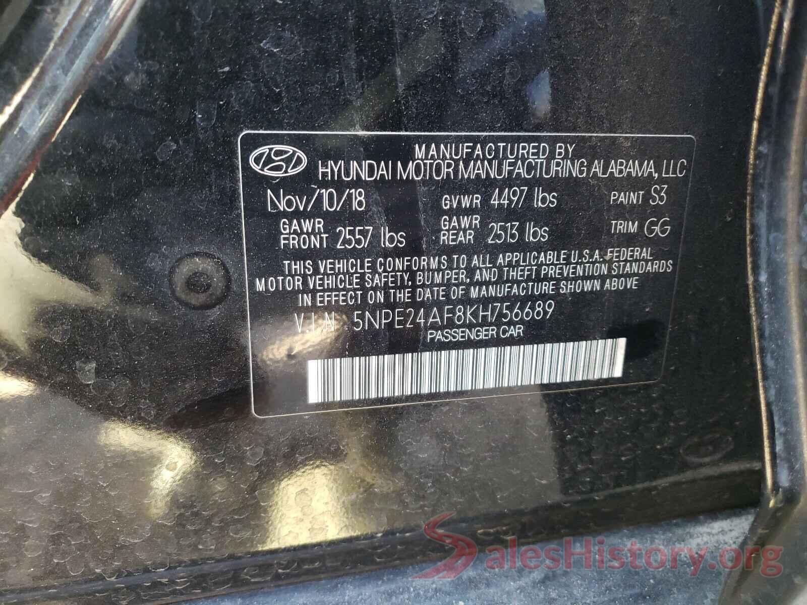 5NPE24AF8KH756689 2019 HYUNDAI SONATA