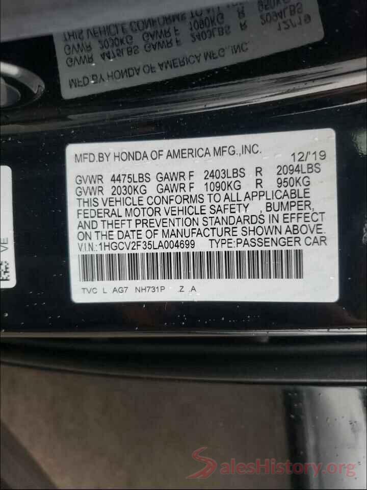 1HGCV2F35LA004699 2020 HONDA ACCORD