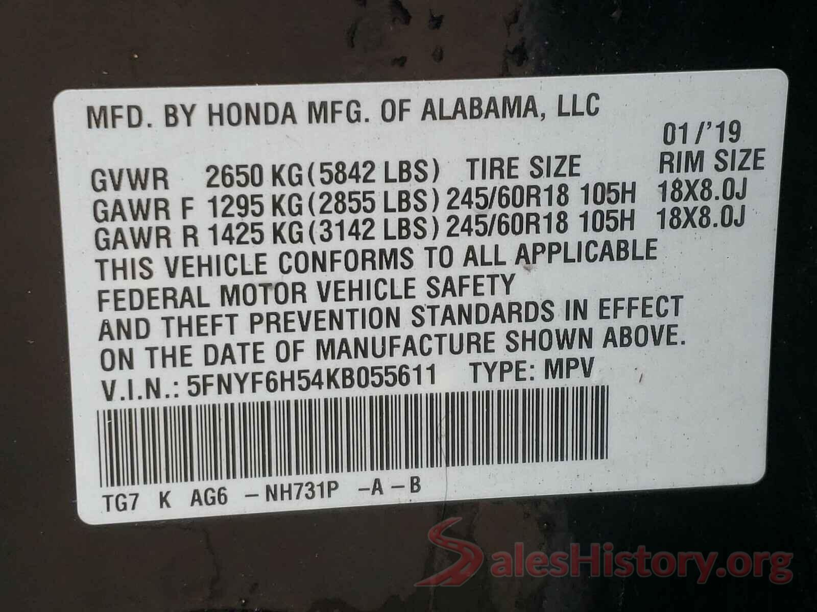 5FNYF6H54KB055611 2019 HONDA PILOT